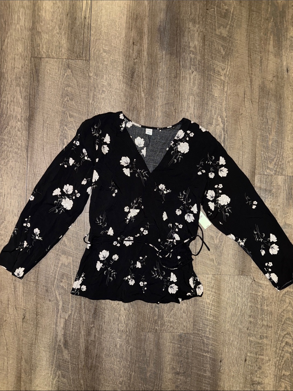 Old Navy Black Floral Wrap Top with Tie Waist